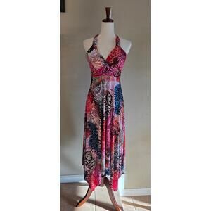 Y2K Hot Pink Floral Print Halter Maxi Dress Cut Out Back